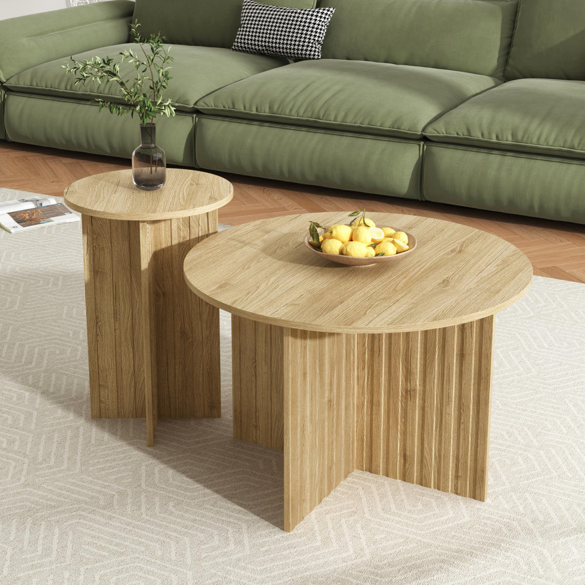 COUCHTISCH-SET Holz, rund im skandinavischen Design - Cognac, Metall (76/76/50cm)