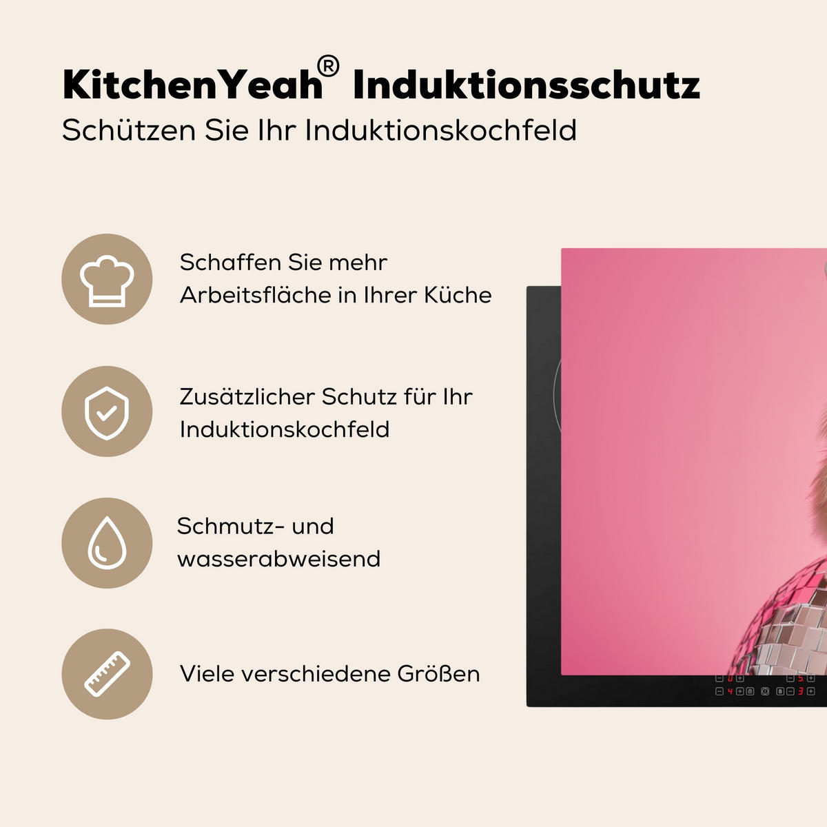 HERDABDECKPLATTE Schleife - Discoball - Kaninchen Ceranfeldabdeckung 85x52 cm - Pink, Kunststoff (85/52/0.2cm) - MuchoWow