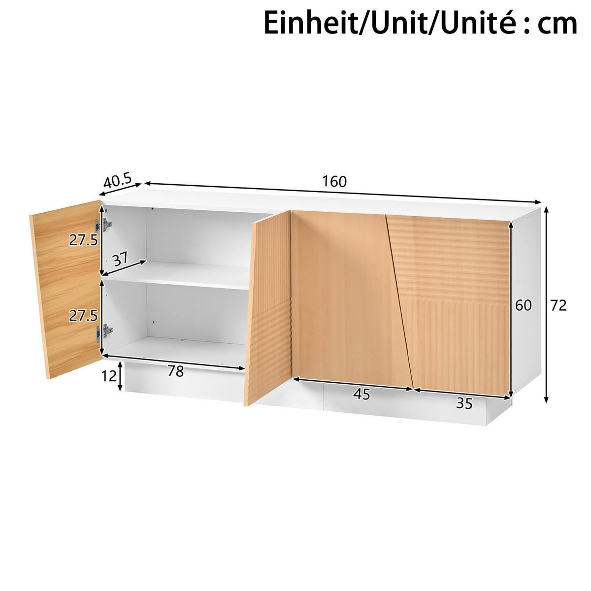 SIDEBOARD 160/40,5/72 cm Natur/Weiß aus MDF mit Rillentüren - Naturfarben, Holzwerkstoff (160/72/40.5cm) - OKWISH