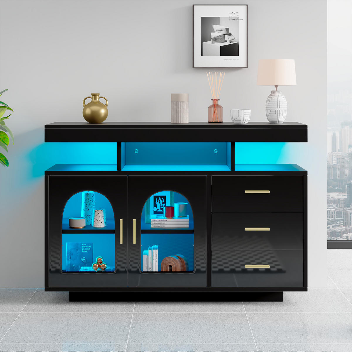 LED-SIDEBOARD 120/40/80 cm in Schwarz mit 3 Schubladen und LED-Beleuchtung - Schwarz, Holzwerkstoff/Kunststoff (120/80/40cm) - CHICFURN