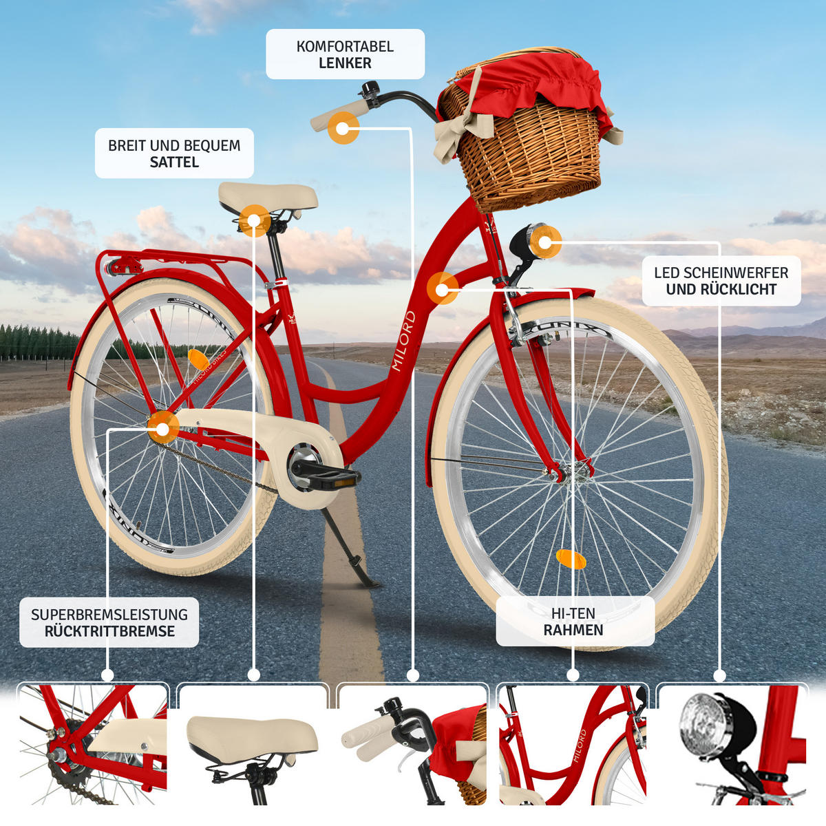 CITY-FAHRRAD Milord mit Weidenkorb, 28 Zoll, Rot, 1-Gang - Rot, Metall (46cm) - Milordbikes