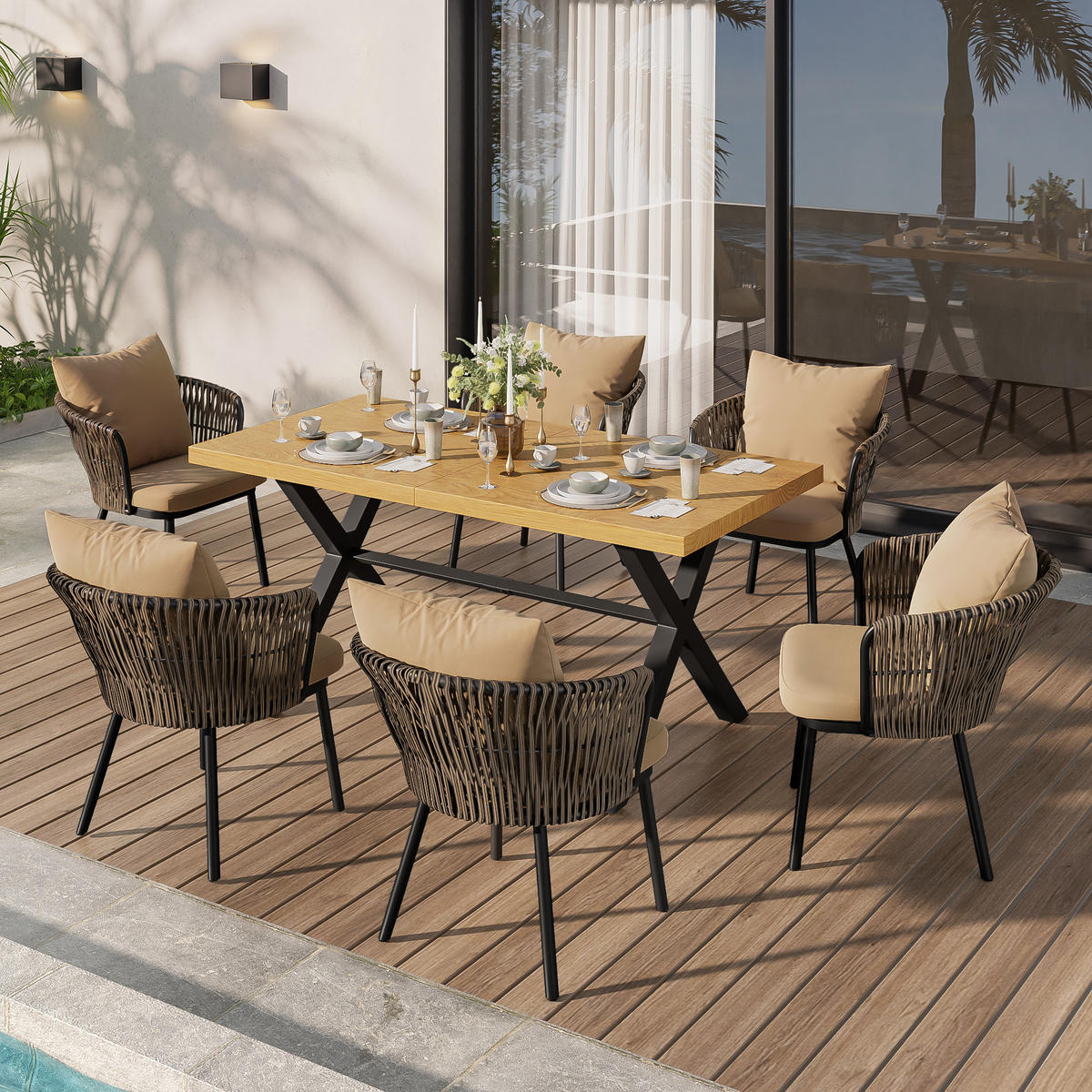 GARTENLOUNGE-SET Gartengarnitur mit 6 Stühle und Tisch Gartenmöbel-Set Terrassenmöbel - Beige/Multicolor, Textil/Metall - STILVORA