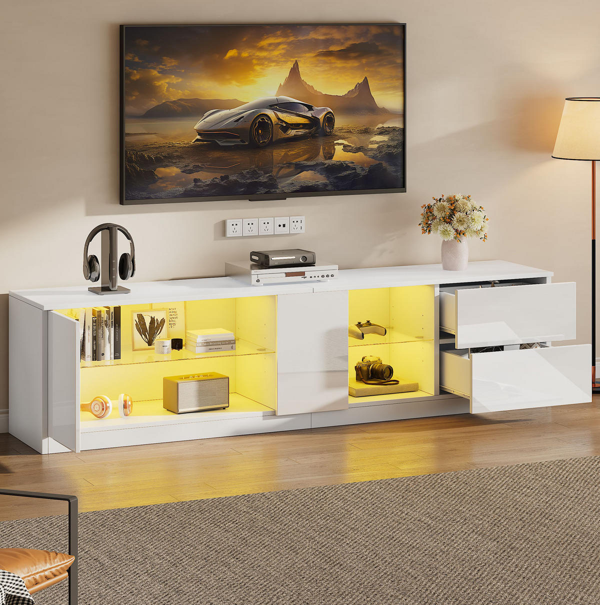 TV-ELEMENT mit LED 160 x 40 x 52 cm Weiß Hochglanz - Weiß, Holzwerkstoff (40/52/160cm) - Beauniv
