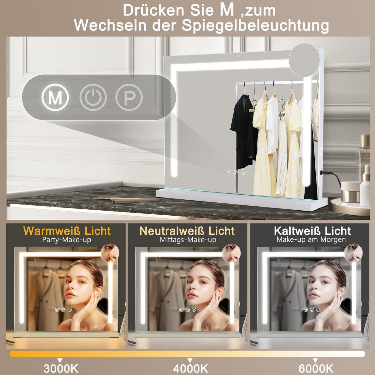 SCHMINKSPIEGEL Francis 50/12/40 cm - Weiß, Glas (12/40/50cm) - Nettlife