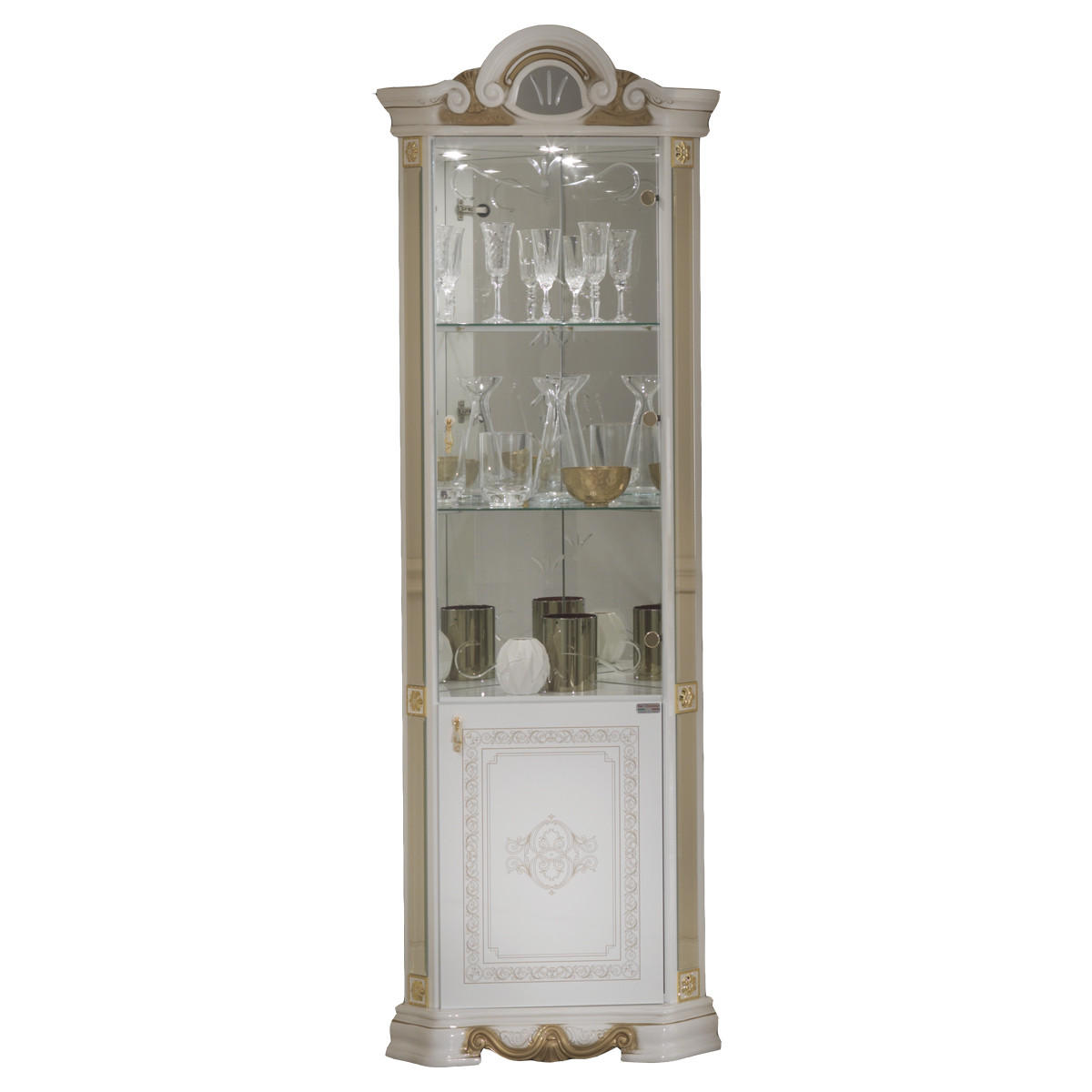 ECKVITRINE BELLA in Weiß/Gold 2-Türig - Weiß Hochglanz/Goldfarben, Glas/Holzwerkstoff (64/207/45cm) - Interdesign24