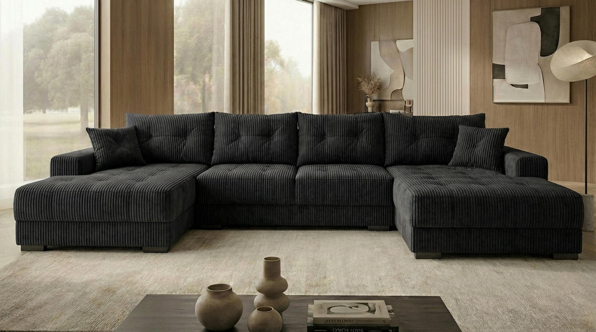 ECKSOFA MODENA 320 cm x 185 cm – Stoff: ZOOM 23 Farbe: Schwarz - Schwarz, Textil (320/185cm) - A&J MöbelLand