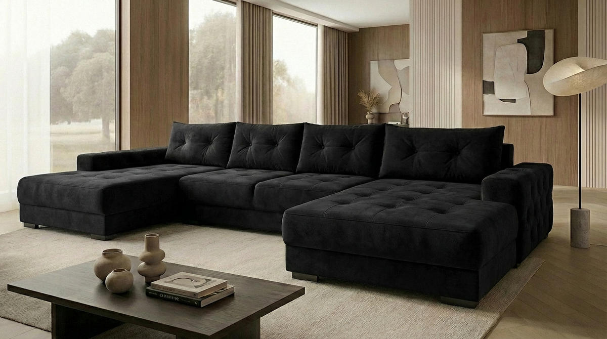 ECKSOFA MODENA 320 cm x 185 cm – Stoff: CASABLANCA Schwarz 16 Farbe: Schwarz - Schwarz, Textil (320/185cm) - A&J MöbelLand