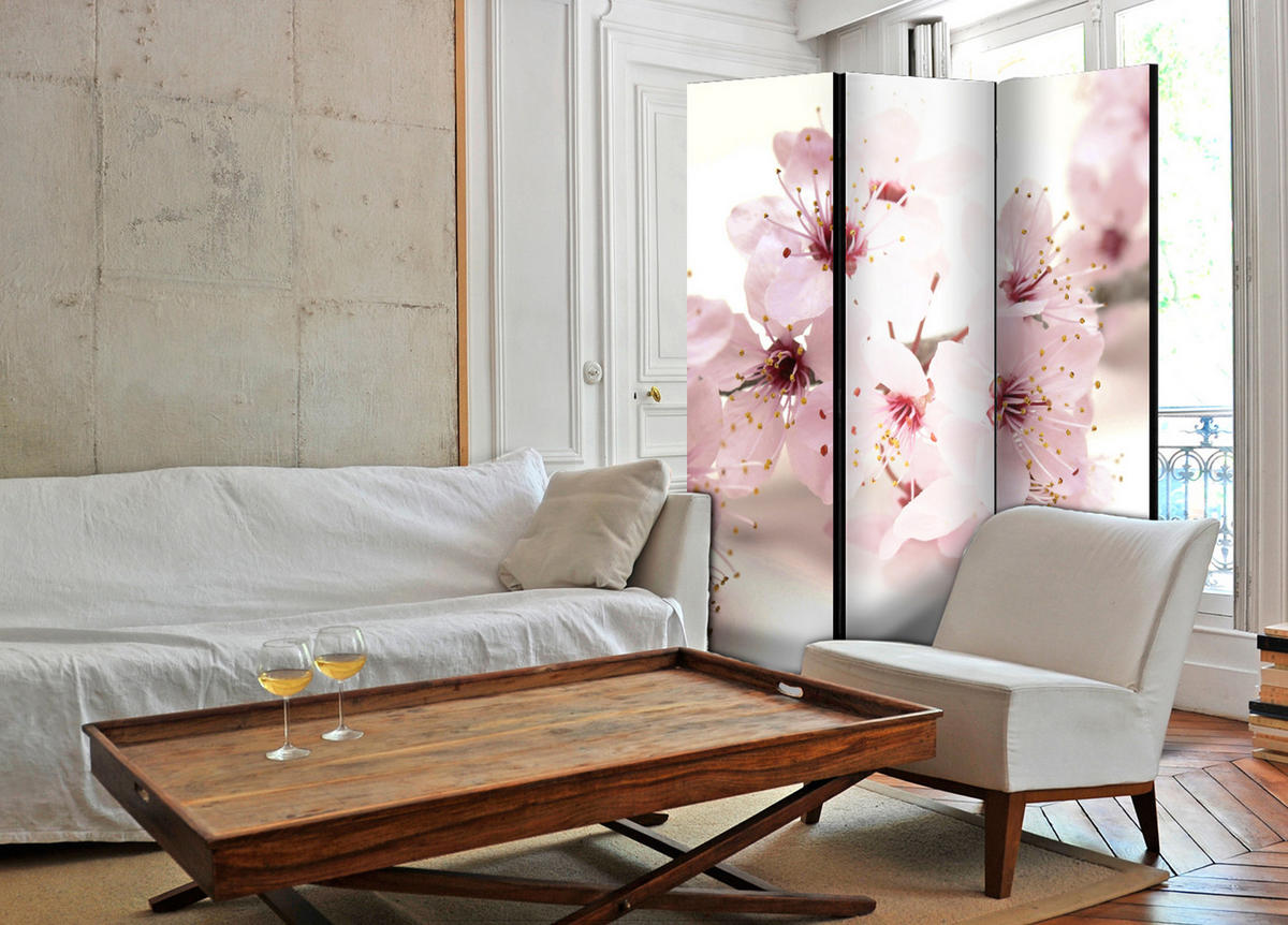PARAVENT Einseitig Bedruckter 3-tlg 135x172 cm Kirschbl ten Natur - Rosa, Holz/Textil (135/172/3cm) - Muralo