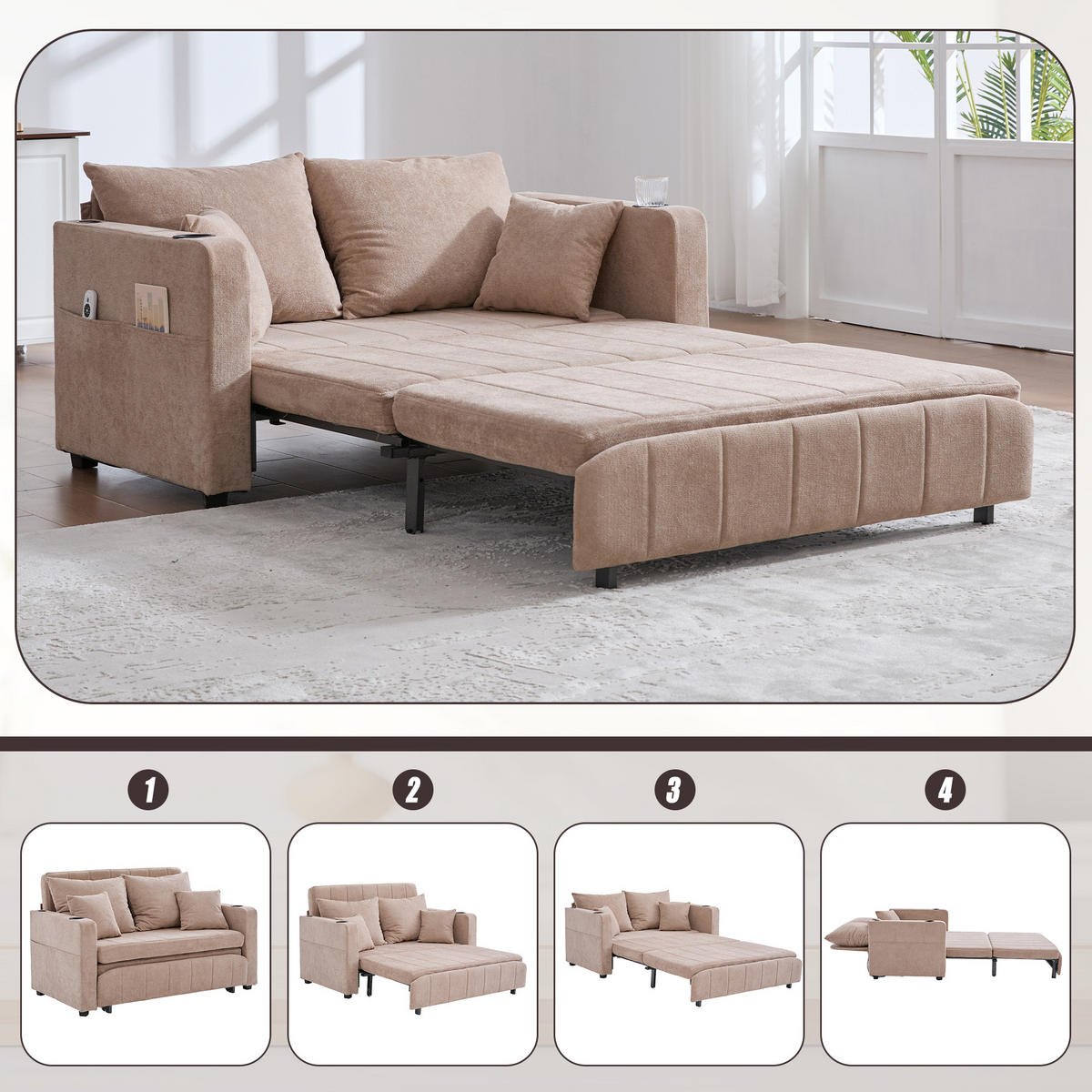 SOFA Klappbar mit USB-Ladefunktion und Becherhalter Chenille Khaki 139/83/58 cm - Naturfarben, Textil (139/83/73cm) - OKWISH