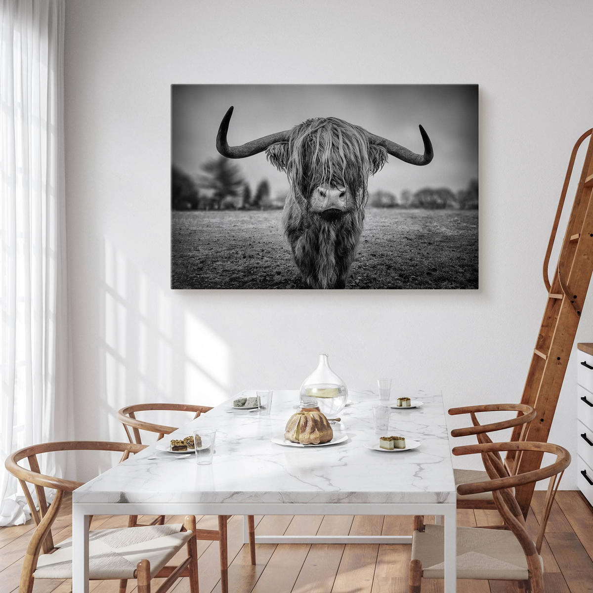 LEINWANDBILD Wilde Schottische Kuh Tier Natur 3D 40/30 cm - Schwarz/Weiß, Textil (40/30cm) - Muralo