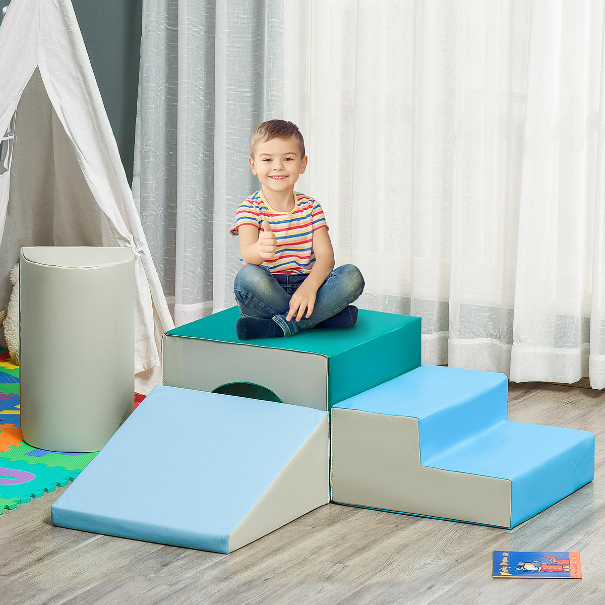 KINDER-SOFTPLAY-SET - Blau, Kunststoff (50/39/150cm) - HOMCOM