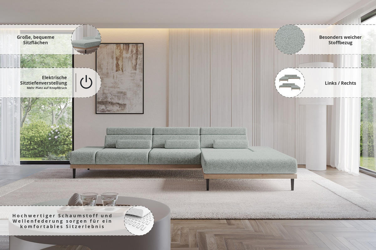 ELEKTRISCHES ECKSOFA Rechts MONA 316x205x85 Grün Velours - Mintgrün, Holzwerkstoff/Textil (316/205cm) - ALTDECOR