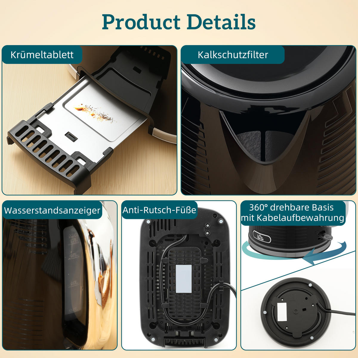 TOASTER mit Wasserkocher DE-07884 Schwarz - Schwarz, Metall (16.7/23.2/22.2cm) - ComfortXL