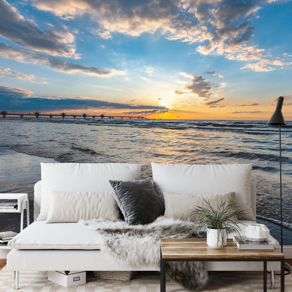 FOTOTAPETE für Wohnzimmer Sonnenuntergang Pier Romantik Meer 400x280 - Blau/Gelb, Papier (400/280cm) - Muralo