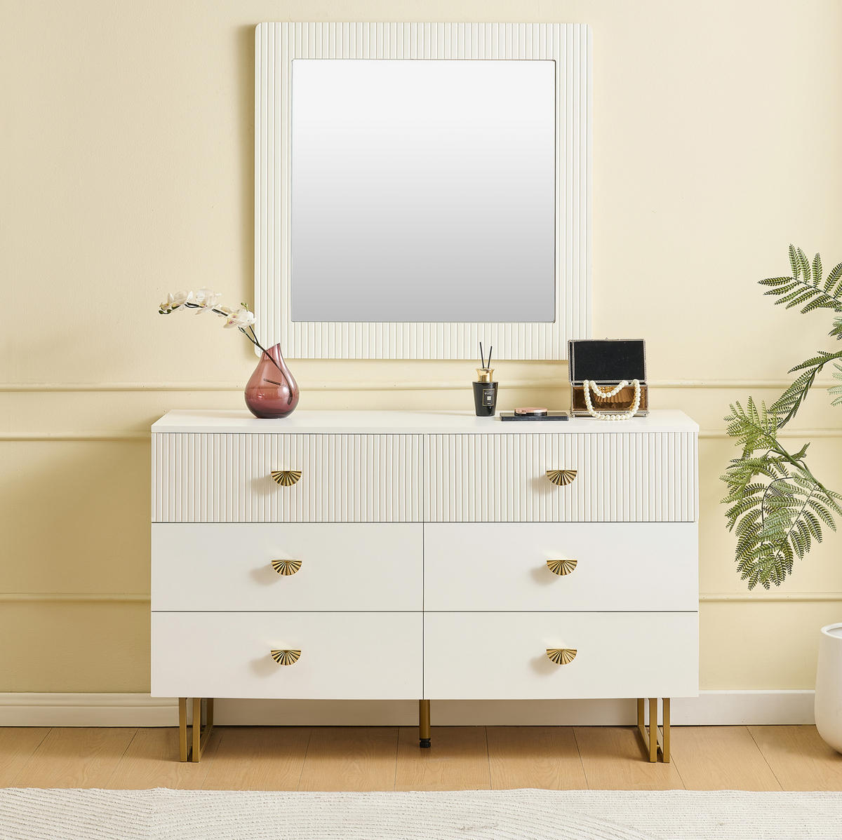 KOMMODE aus MDF 120x40x75cm in Weiß mit 6 Schubladen & Spiegel - Weiß, Holzwerkstoff (120/75/40cm) - Modfu