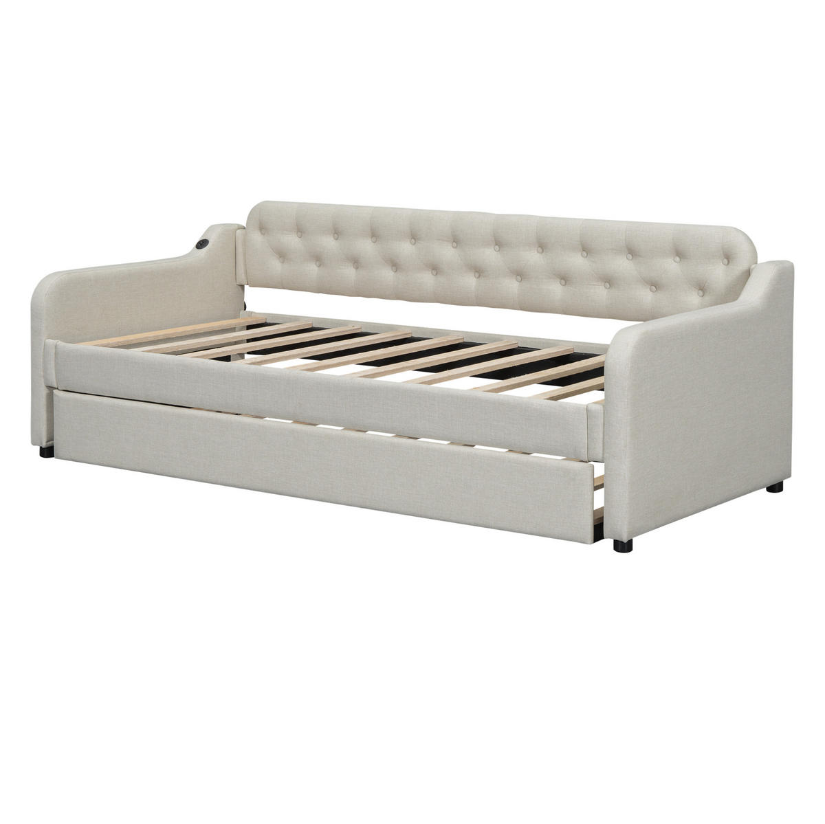 POLSTERBETT aus Leinen 90x200 cm Beige mit Ausziehbett, USB-Anschluss und schlichtem Design - Beige, Textil (90/200cm) - Modfu