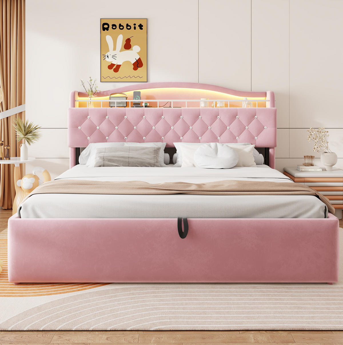 POLSTERBETT 180x200 cm in Rosa mit LED-Kopfteil, USB-/USB-C-Anschlüssen und Bettkasten - Pink, Textil (180/200cm) - IVMEU