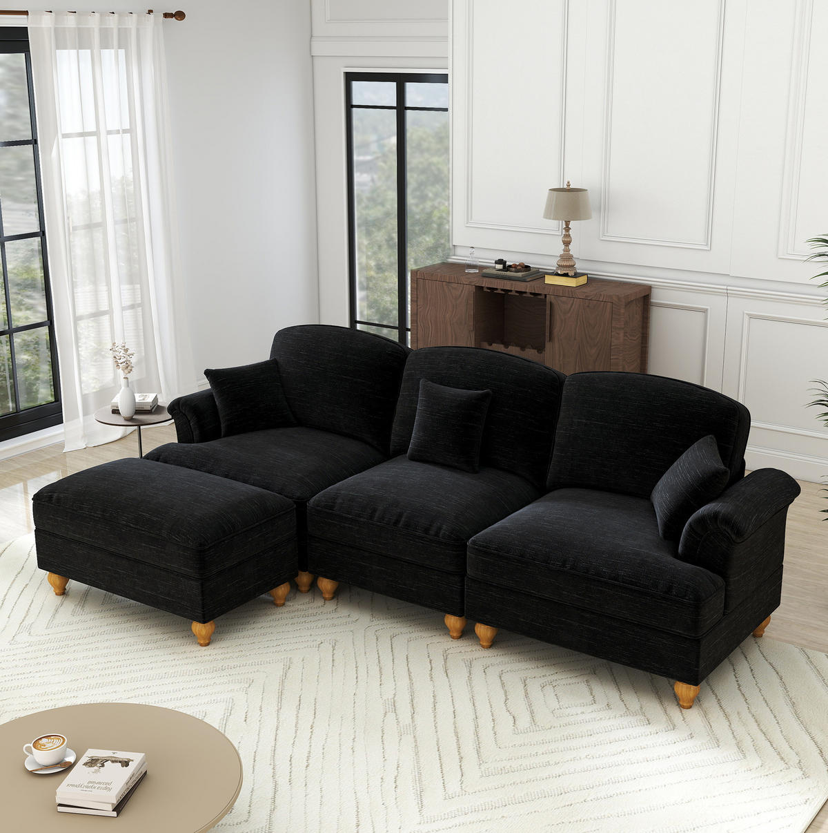 ECKSOFA 272/140/93 cm schwarz aus Chenille mit abnehmbarem Volant und beweglichem Hocker - Schwarz, Textil (140/272cm) - OKWISH