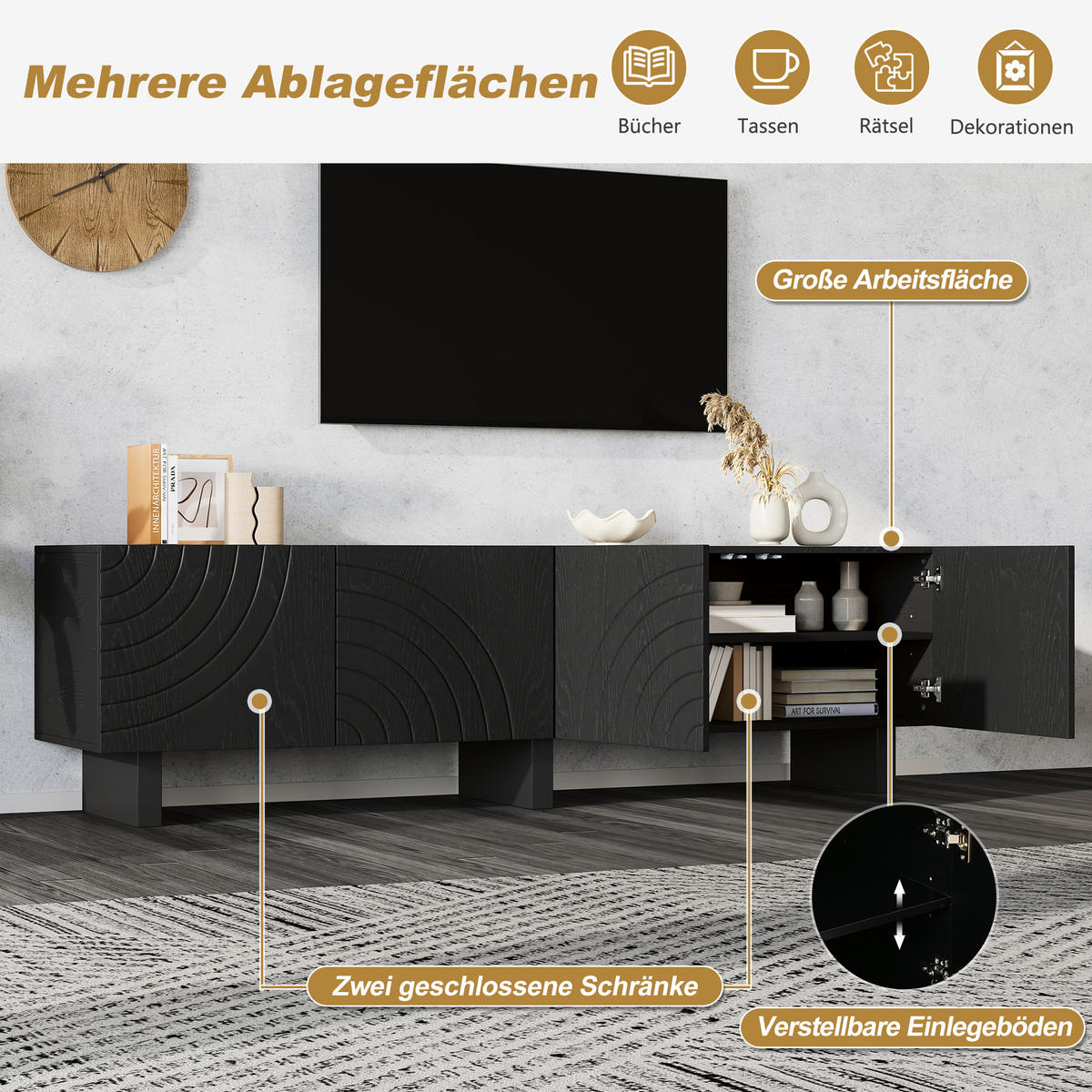LOWBOARD in Schwarz TV-Schrank mit 2 Ablagen, für 75-Zoll-Fernseher , B180/T40/H55 cm - Schwarz, Holzwerkstoff (180/55/40cm) - STILVORA