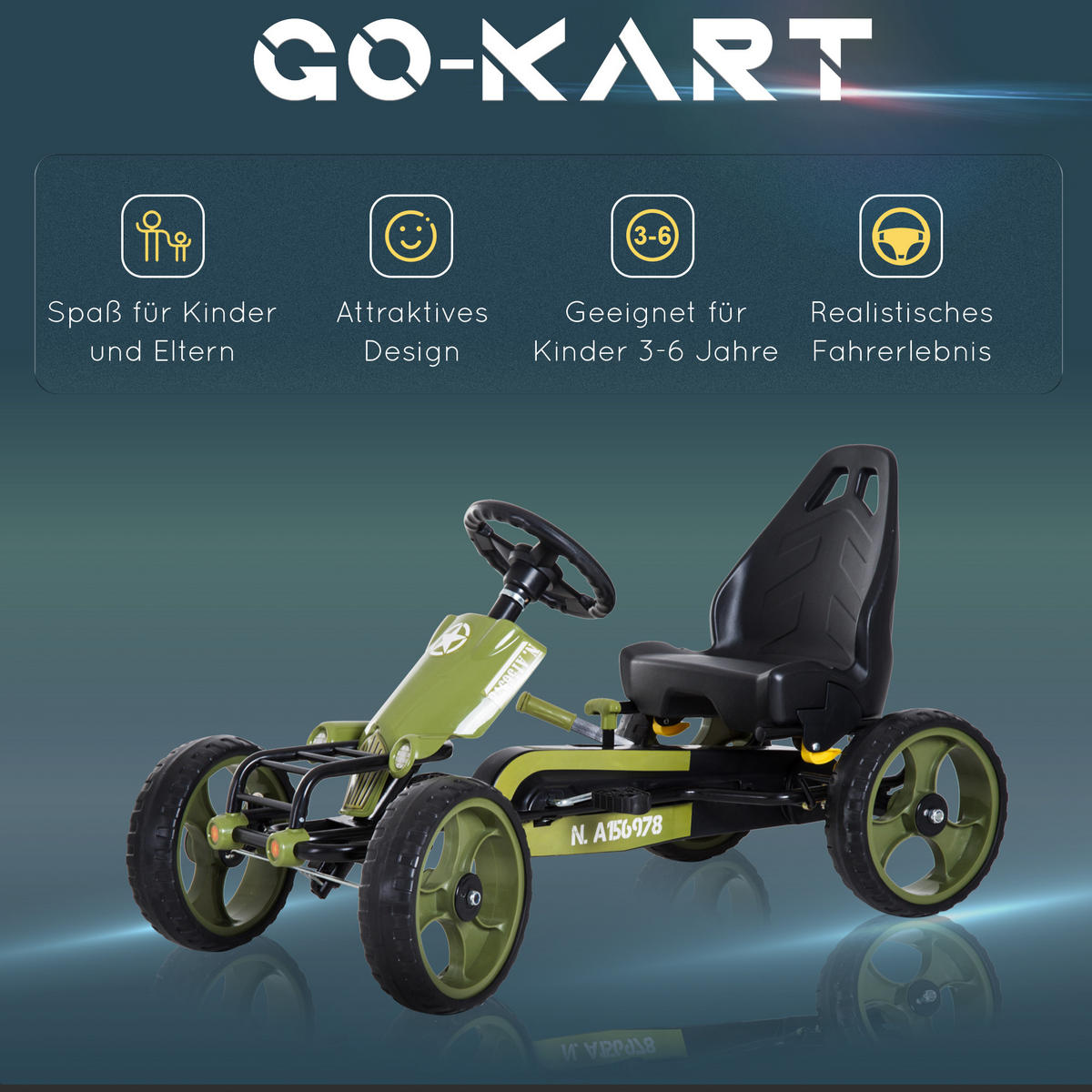 KINDER GO KART TRETAUTO, L105 x B54 x H61cm/L99 x B65 x H56cm, Grün - Grün, Metall (105/54/61cm) - HOMCOM