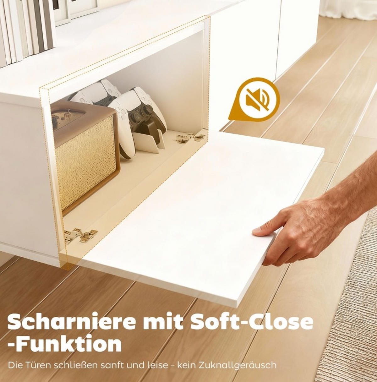 LOWBOARD 180 cm in Weiß zur Wandmontage mit 3 Klappen und Soft-Close - Weiß, Holzwerkstoff (180/29.8/31.5cm) - Flora Grace