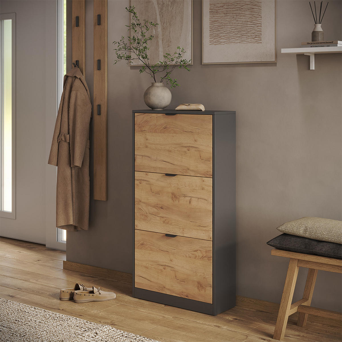 SCHUHKIPPER Gizmo, Goldkraft Eiche/Anthrazit, 59 x 112 cm mit 3 Fächern - Honigeiche/Anthrazit, Holzwerkstoff (59/112/22cm) - Vicco