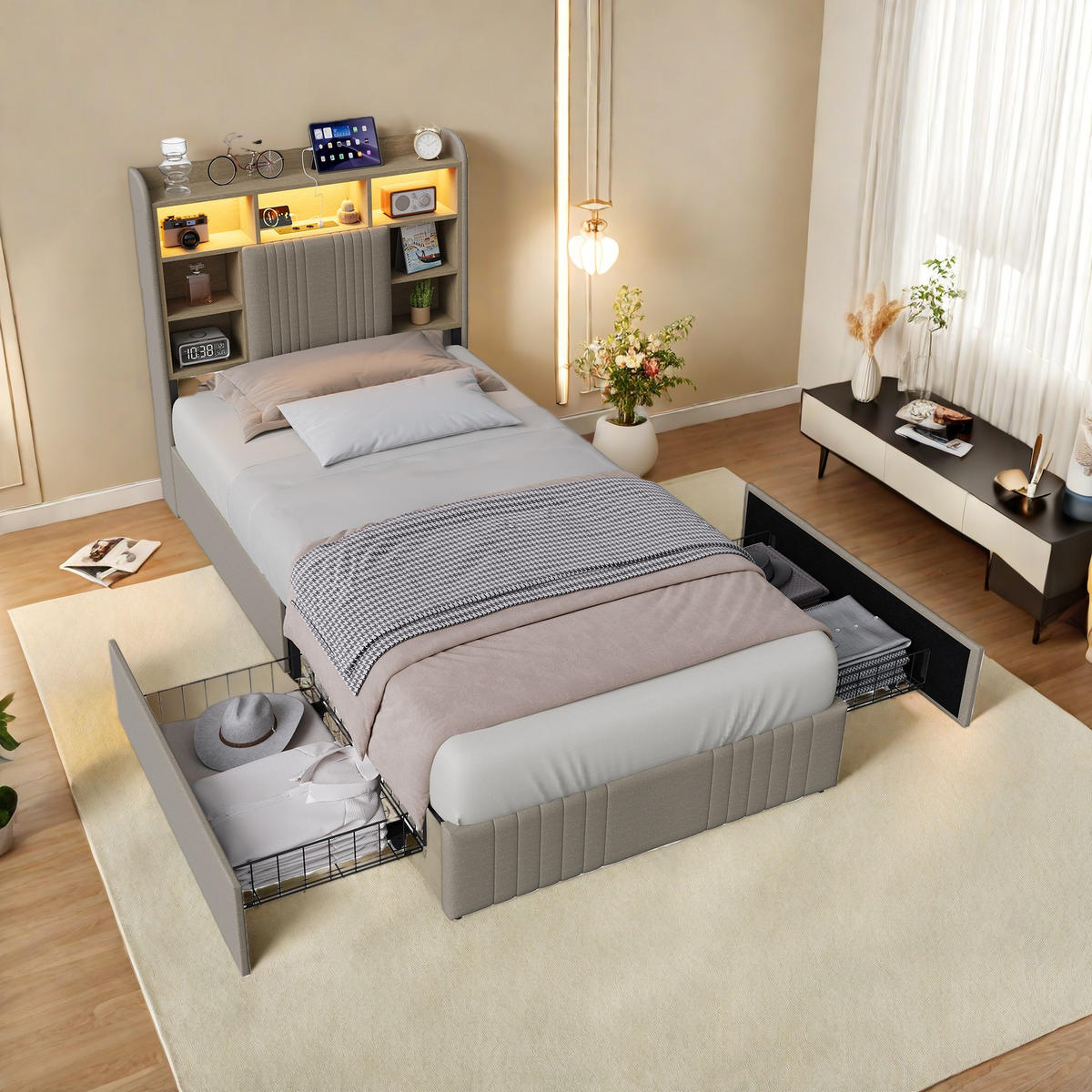 POLSTERBETT 90x200 BEIGE Leinenoptik, 2 Schubladen, USB - Beige, Holz - SHOPENTRA