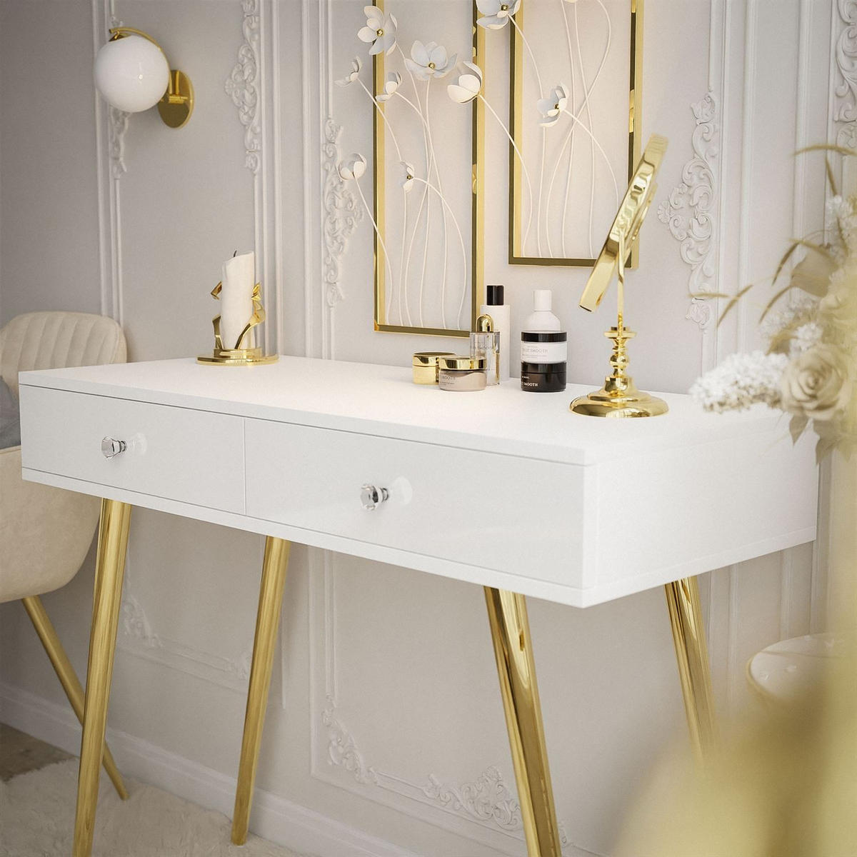 KONSOLE SIENNA GOLD mit Schubladen auf goldenen Beinen - Weiß Hochglanz/Goldfarben, Holzwerkstoff (100/81/42cm)