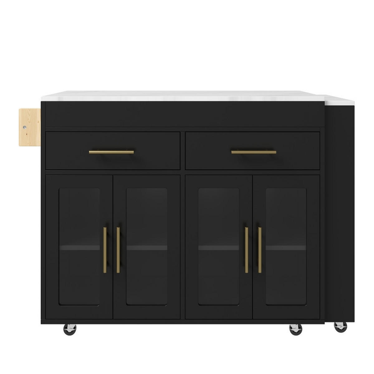 KÜCHENINSEL mit ausziehbarem Bartisch, Glastüren und Stauraum, Schwarz-Marmoroptik, 132,5-217/50/93 cm - Schwarz, Kunststoff (50/93/217cm) - Rolipo