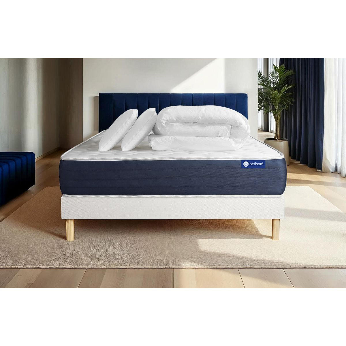 BETT Actiflex sleep Taschenfederkern und Memory-Schaum 160 x 200 cm h2 - Kit Bettgestell Weiß - Mit Kissen und Bettdecke - Beige/Weiß, Karton/Holz (160/200cm) - ACTISOM