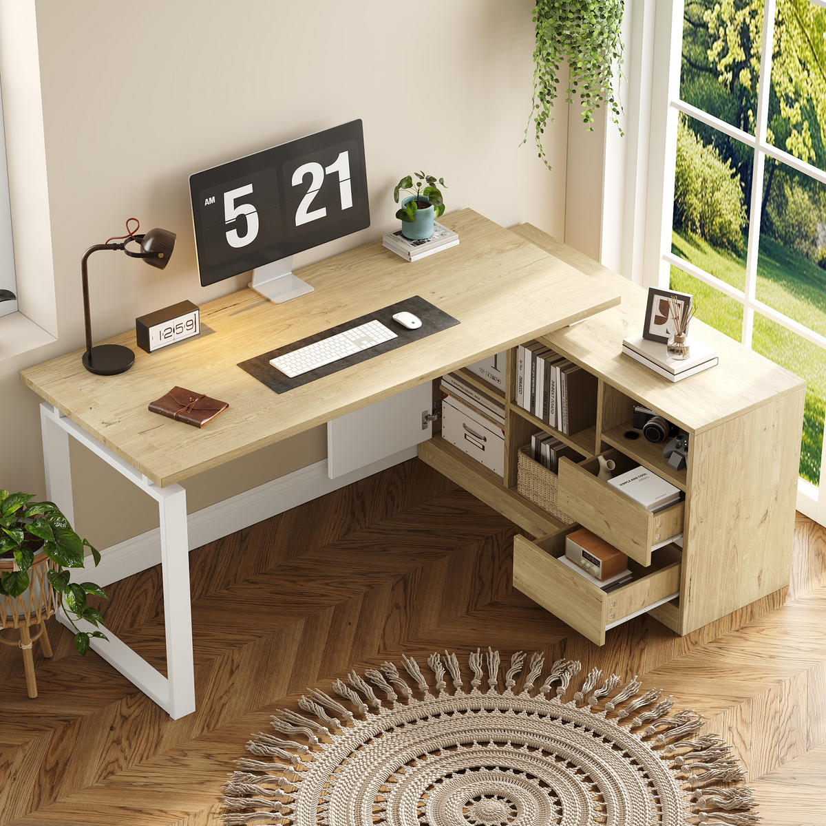SCHREIBTISCH in Naturfarbe L-förmiger Bürotisch mit 2 Schubladen und verstellbaren Regalböden - Weiß/Naturfarben, Holzwerkstoff/Metall (40/113.5/76cm) - STILVORA