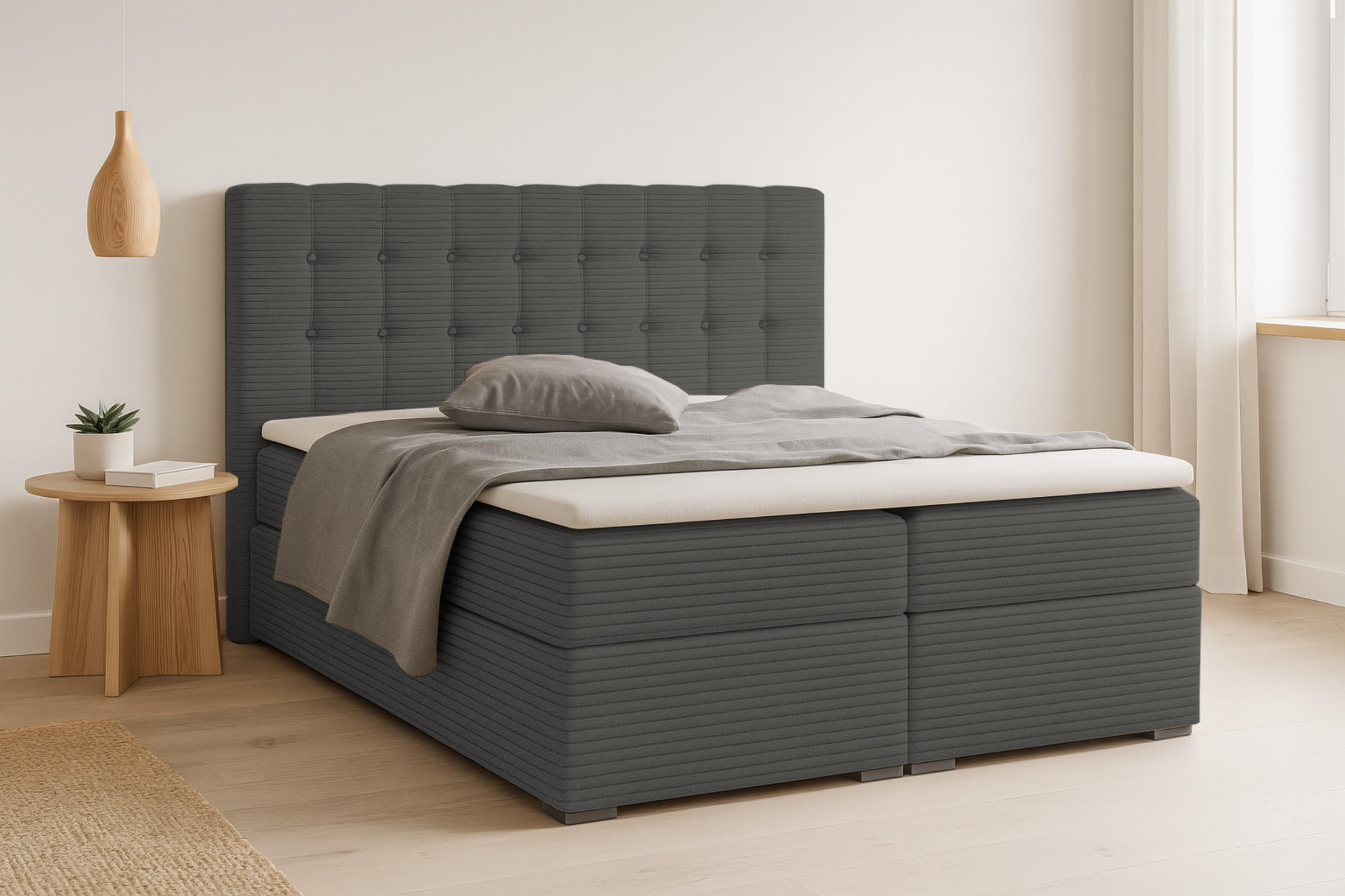 BOXBETT CARLY 160/200 in Cord Anthrazit mit Taschen-Federkernmatratzen 7 Zonen H4 - Anthrazit, Holz/Holzwerkstoff (160/200cm) - Deine Möbel 24