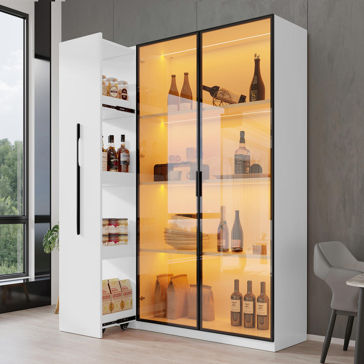 VITRINE 110cm Glastür LED Rollschrank französischer Stil - Weiß, Holzwerkstoff (110/160/35cm) - FLIEKS