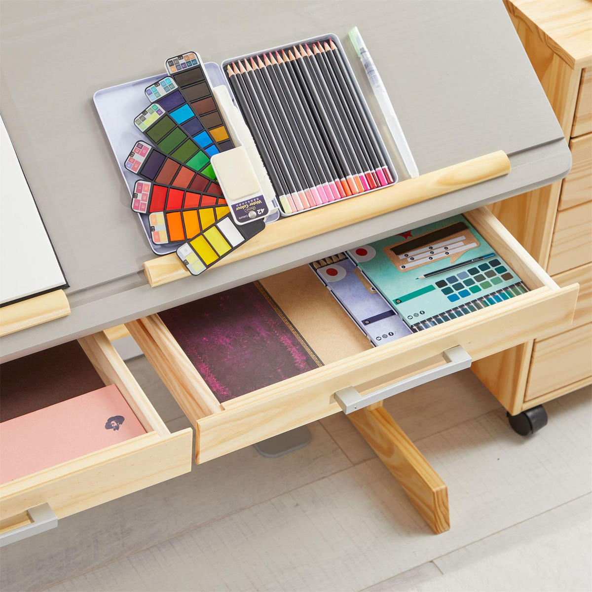 KINDERSCHREIBTISCH OLIVIA - Naturfarben/Grau, Holz (109/130/55cm) - IDIMEX