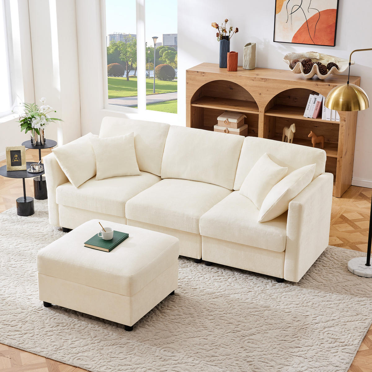 ECKSOFA 218/156.5/86 cm Beige mit Hocker und verstellbaren Armlehnen - Beige, Textil (218/156.5cm) - Oxeza