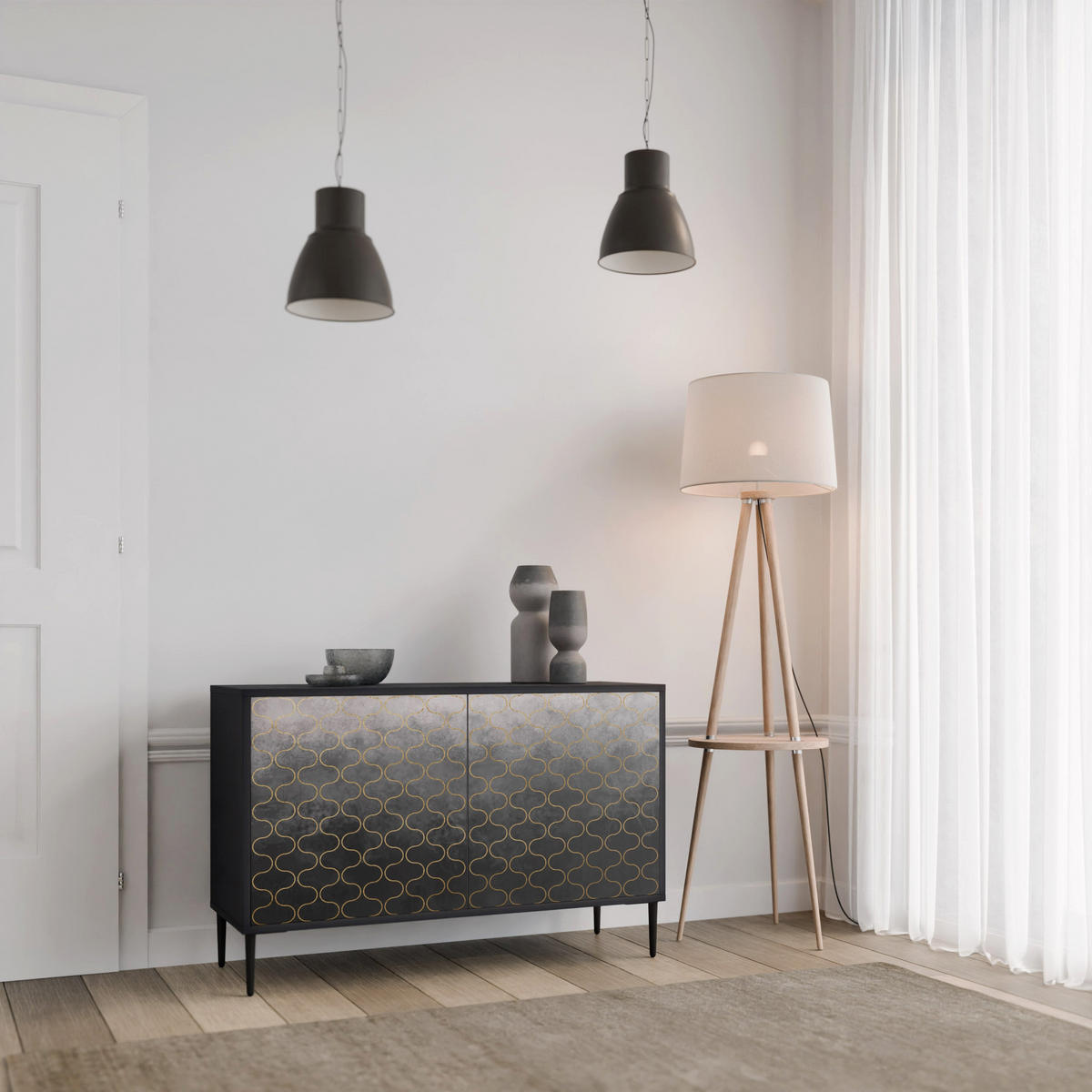 SIDEBOARD TESSELATED GRAYISH, Eicheneffekt, 111x42x77,5 cm, 2 Türen - Eichefarben/Buchefarben, Holzwerkstoff/Buchenholz (111/77.5/42cm) - SpaceRebels