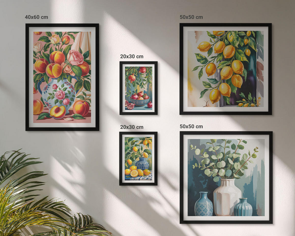 BILDER SET 5er Set - 50x50 cm & 20x30 cm & 40x60 cm Schwarzer Rahmen - Amalfi-Zitronen und -Orangen - Schwarz, Kunststoff (40/60cm) - TULUP