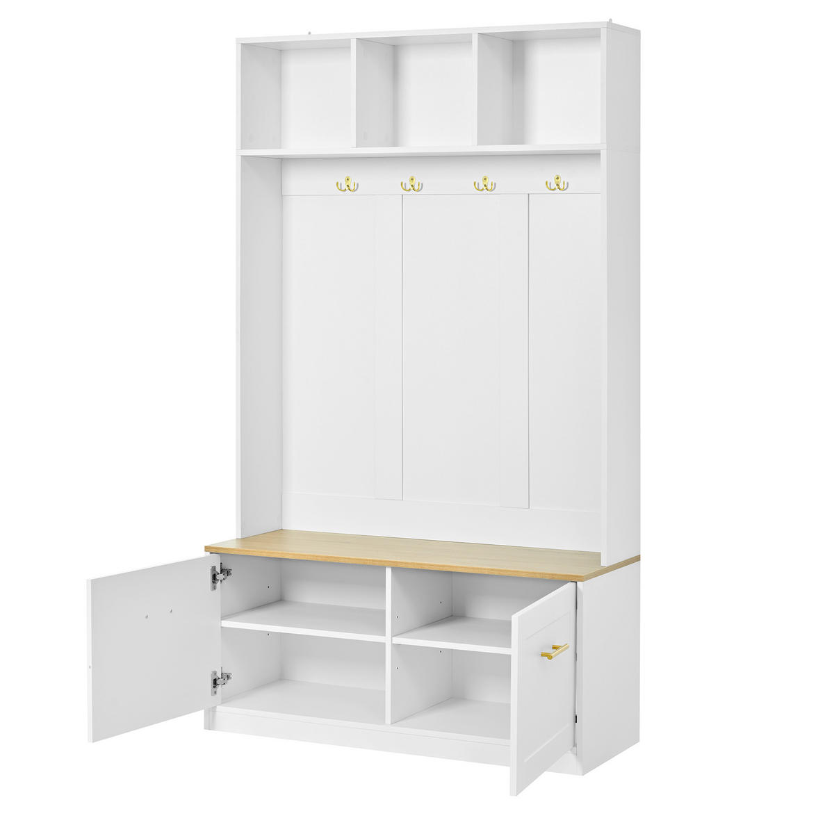 DIELENGARDEROBE mit 4 Haken und Sitzbank, 105/40/180 cm, Natur/Weiß - Naturfarben, Holzwerkstoff (105/180/40cm) - BEAOK