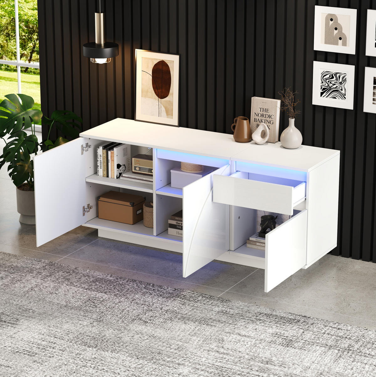 SIDEBOARD 140/40/60 cm weiß aus MDF mit LED-App-Steuerung und verstellbaren Einlegeböden - Weiß, Holzwerkstoff (140/60/40cm) - OKWISH