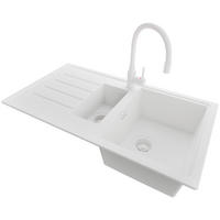 GRANITSPÜLE Kopenhagen Duo, 2-er set Alles Weiß 90/50 cm 1,5 Becken + Küchenarmatur 38/14 cm + Ablauf-Set ab 60er Unterschrank - Weiß, Kunststoff (90/19/50cm) - Primagran