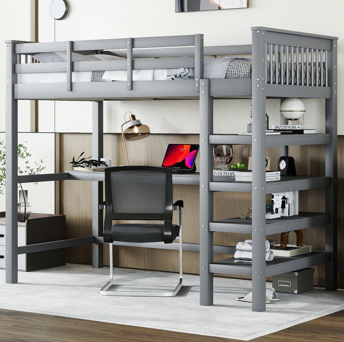 HOCHBETT 90/200 cm Grau mit Schreibtisch und Ablagefächern - Grau, Holzwerkstoff (90/200cm) - Flora Grace
