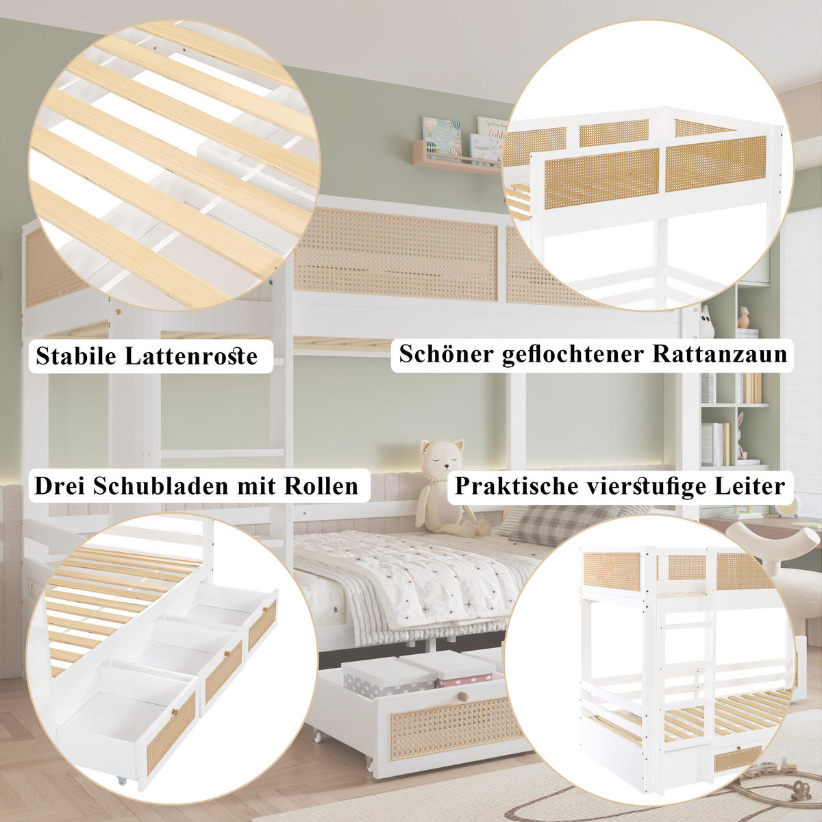 ETAGENBETT 90/200 cm in Weiß & Natur mit 3 Schubladen - Weiß, Holz/Holzwerkstoff (90/200cm) - WISHDOR