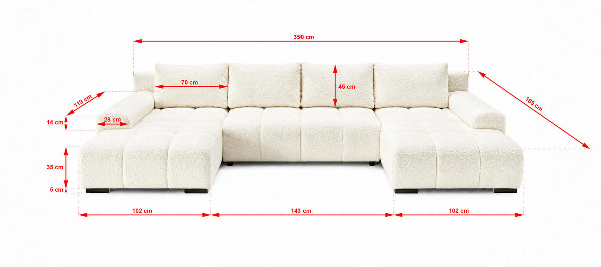 WOHNLANDSCHAFT OVIA U mit Bettkasten und Schlaffunktion, Bouclé-Stoff in U-Form - Beige, Textil (350/80/185cm)