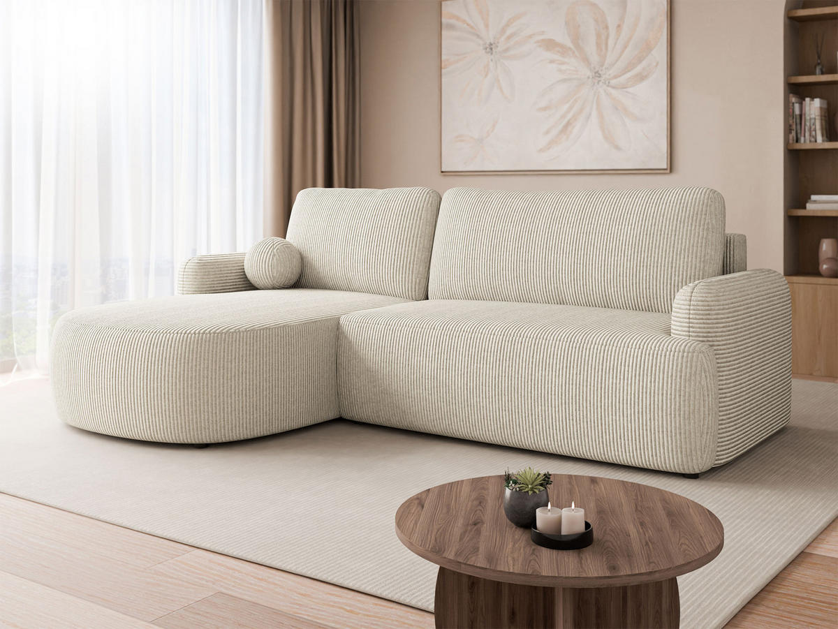 ECKSOFA Loridu Cord, Seite: Links - Schwarz/Naturfarben, Holz/Kunststoff (250/174cm) - MIRJAN24
