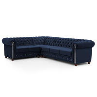 ECKSOFA mit Schlaffunktion Chesterfield Marineblau Samt mit Kristallsteppung und braunen Massivholzfüßen - Ottomane Links - Blau/Braun, Holz/Textil (264/210cm) - S-Style Möbel