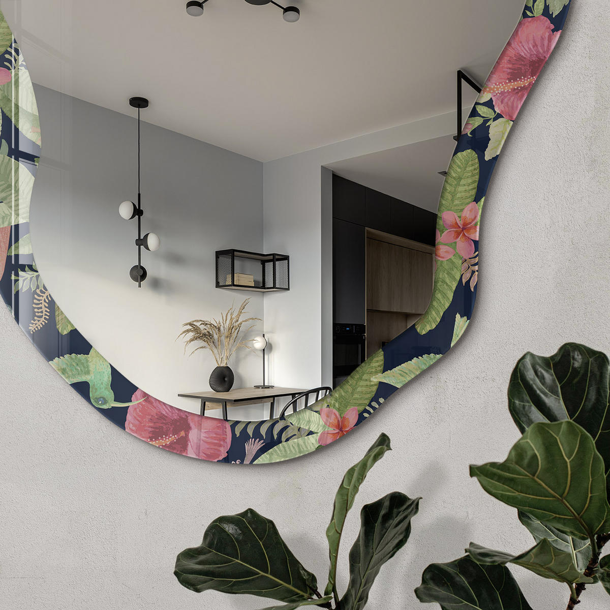 SPIEGEL 90x45 cm asymmetrisch mit Druck - Tropisches Muster - Transparent, Glas (45/90/0.4cm) - TULUP