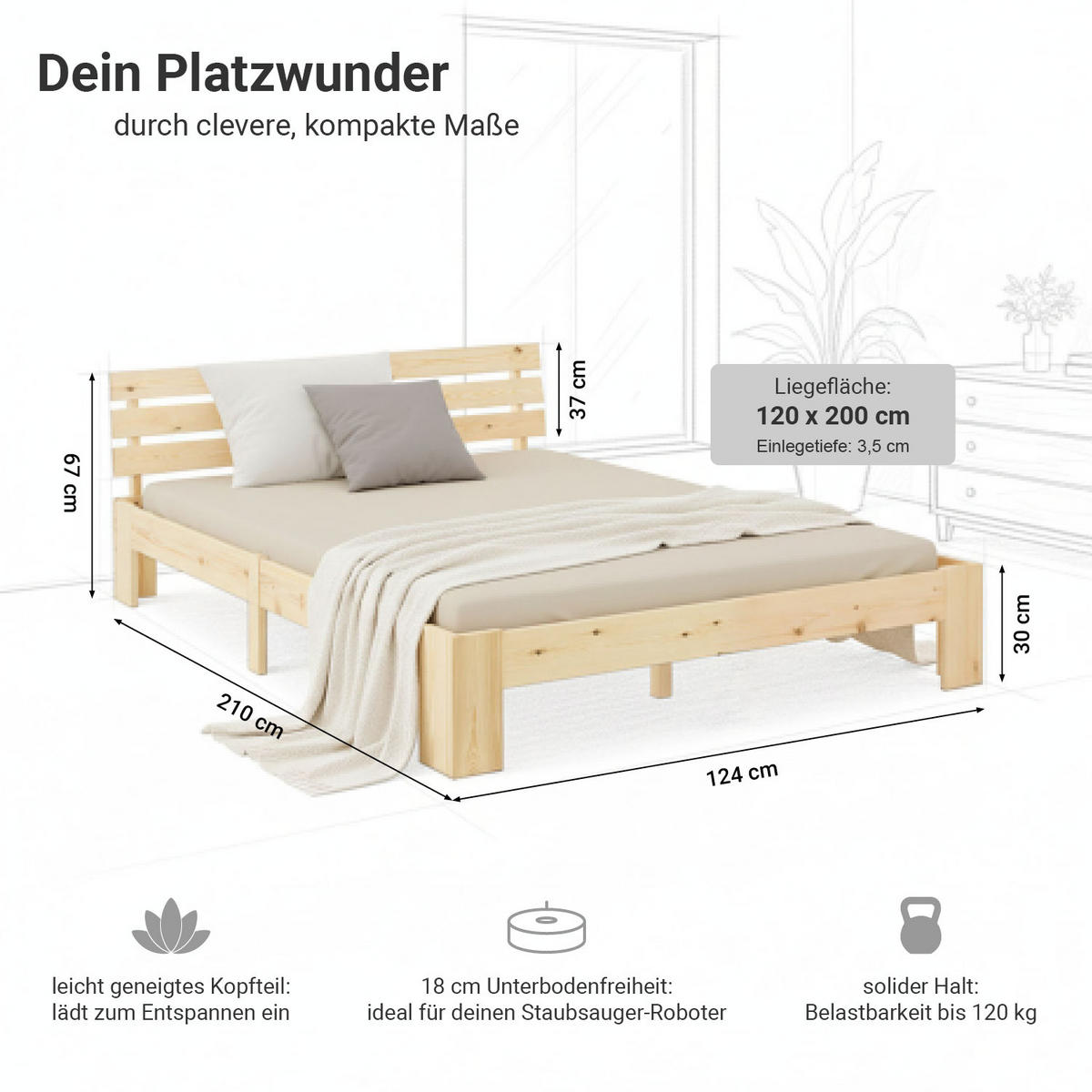 HOLZBETT Natur 120/200 cm Doppelbett mit Lattenrost - Naturfarben, Holz (120/200cm) - Homestyle4u
