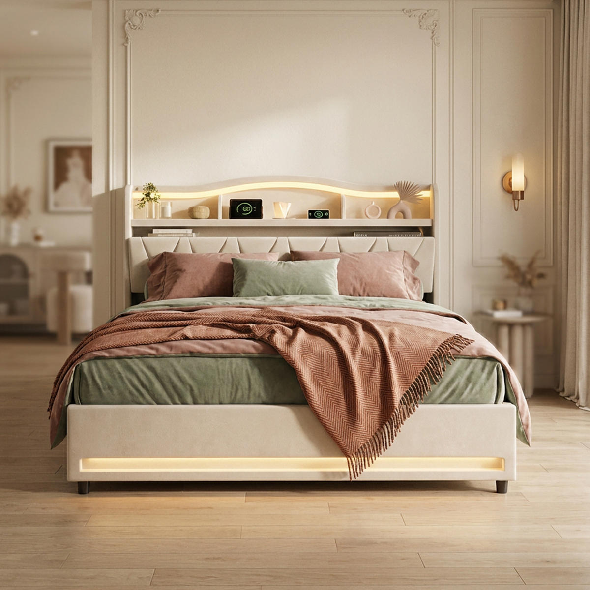 POLSTERBETT 160x200 mit stauraum, doppelbett mit LED, 4 Schubladen, Lattenrost, USB, Kopfteil, Samtstoff, Beige - Beige, Holz/Textil (160/200cm) - GENKI LIVING