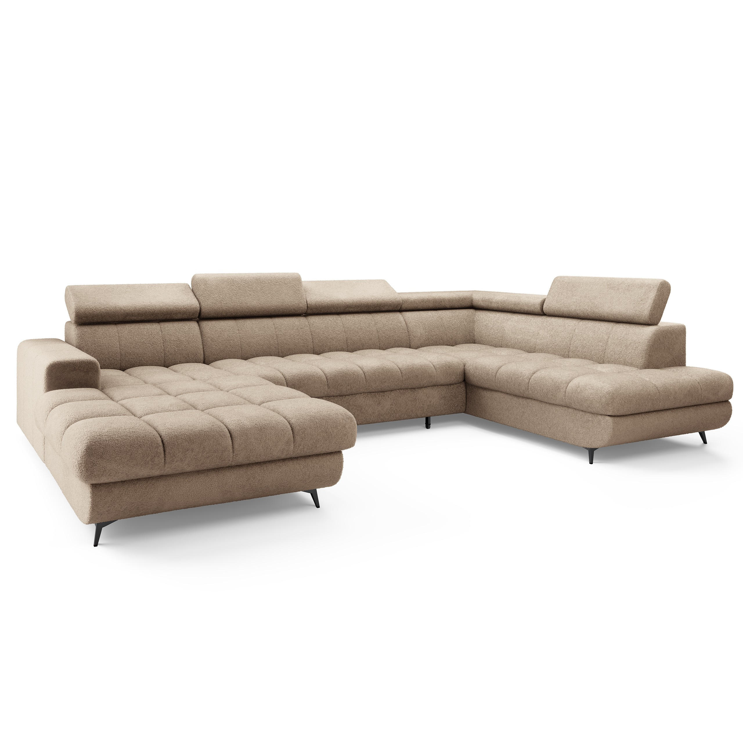 WOHNLANDSCHAFT CORENO Beige Boucle-Stoff mit Schlaffunktion - Beige, Holz (345/88/190cm) - MASSENO