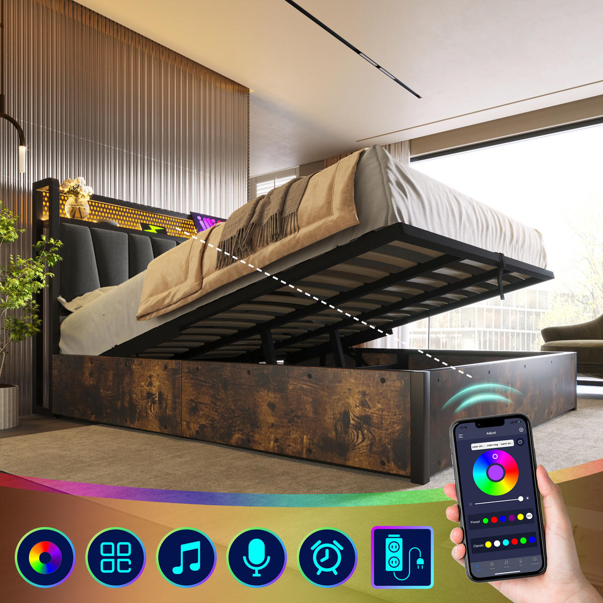 POLSTERBETT 180/200 cm mit Bettkasten, RGBW LED-Kopfteil & USB/Steckdosen, Grau - Grau, Textil (180/200cm) - Redom